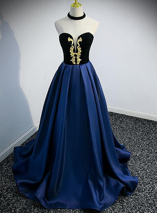 Tmallworld Beautiful Navy Blue Satin Halter Long Party Dress, Satin with Velvet Prom Dress