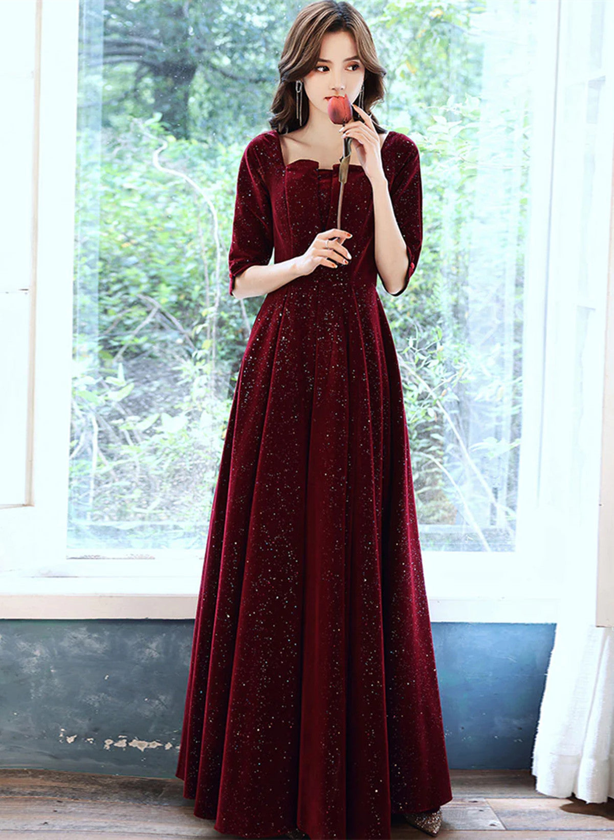 Tmallworld Wine Red Velvet Short Sleeves Long Wedding Party Dress, Wine Red Prom Dress