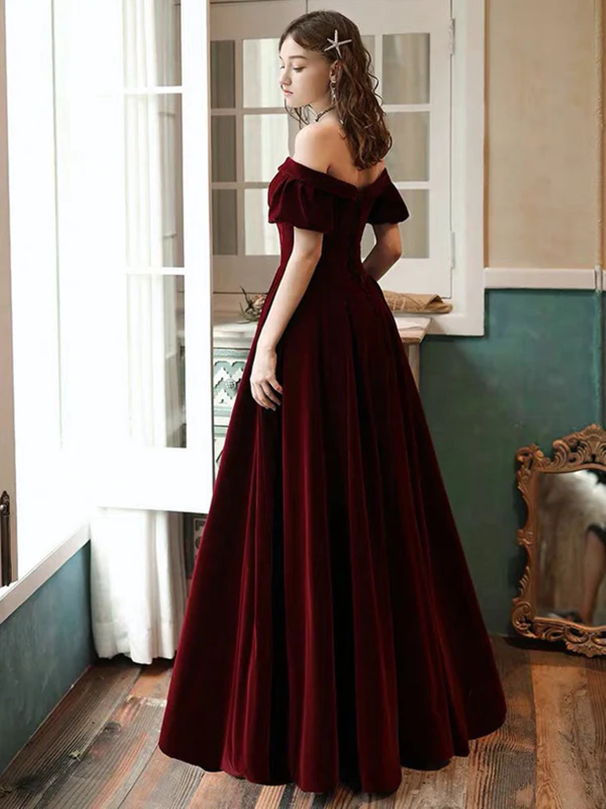 Tmallworld Wine Red Velvet Off Shoulder Long Party Dress, A-line Velvet Long Prom Dress