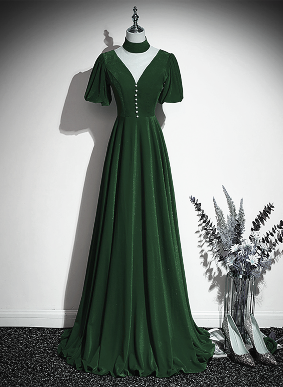 Tmallworld Green Velvet A-line Short Sleeves Long Party Dress, Green Long Prom Dress