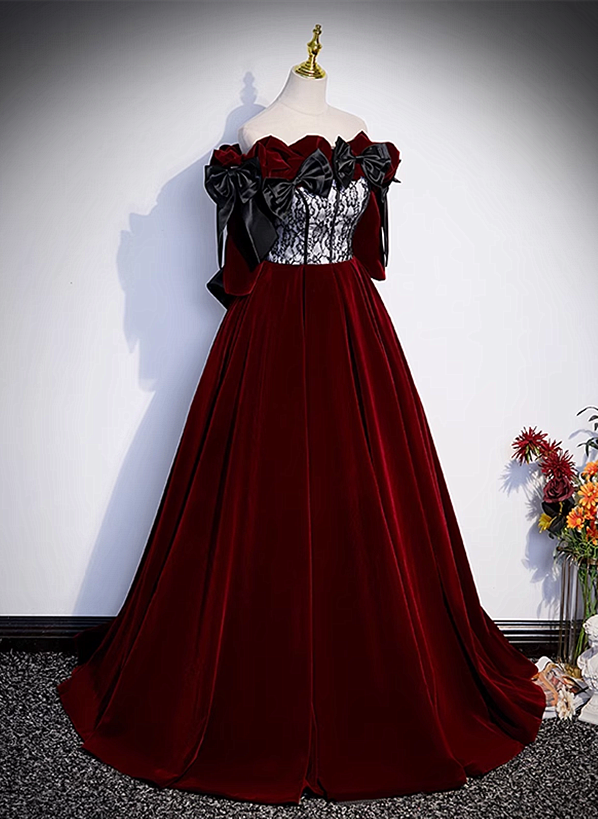 Tmallworld Wine Red Velvet with Lace Off Shoulder Party Dress, Wine Red Long Evening Dress