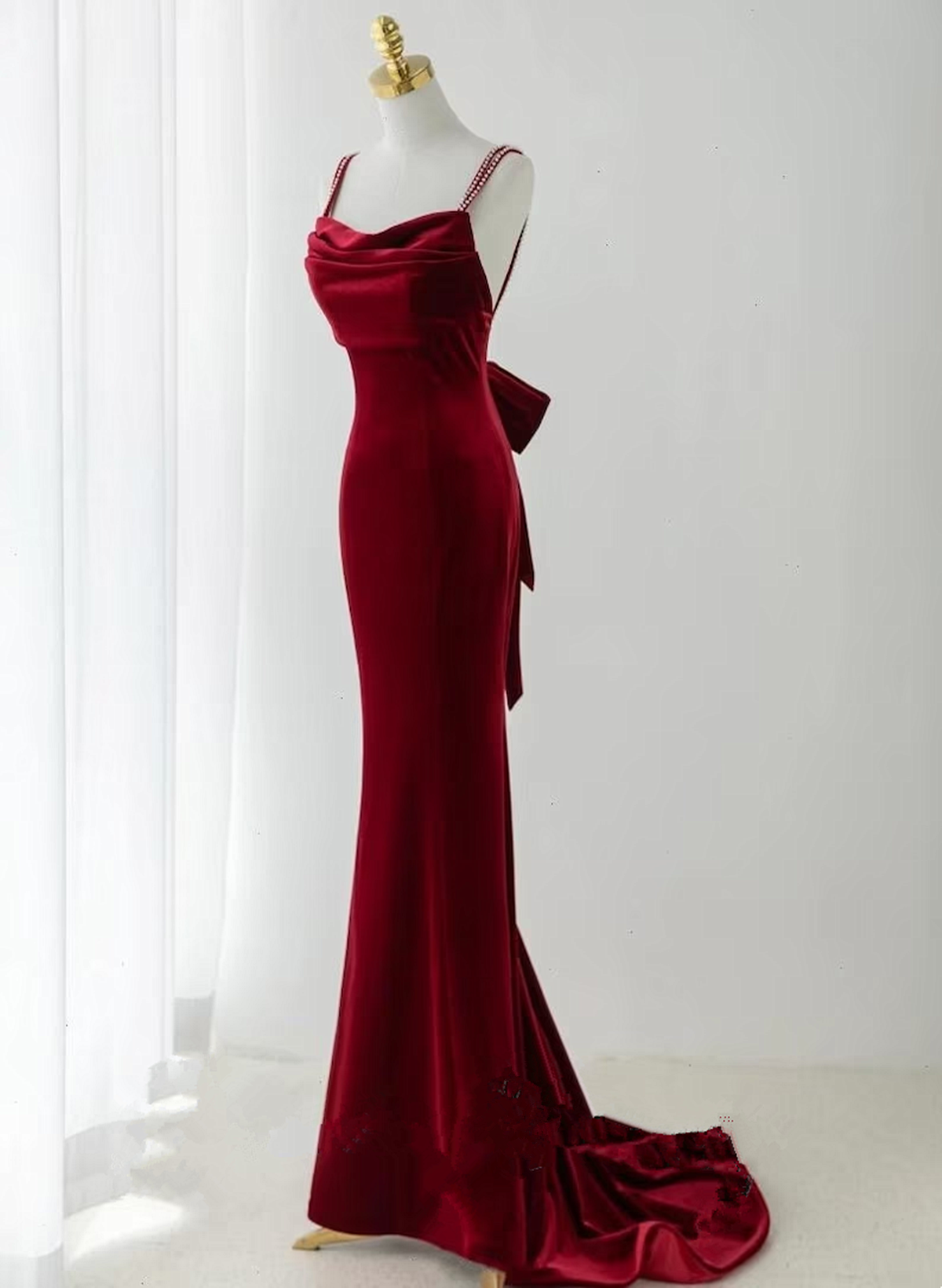 Tmallworld Wine Red Velvet Low Back Straps Long Party Dress, Wine Red Wedding Party Dress