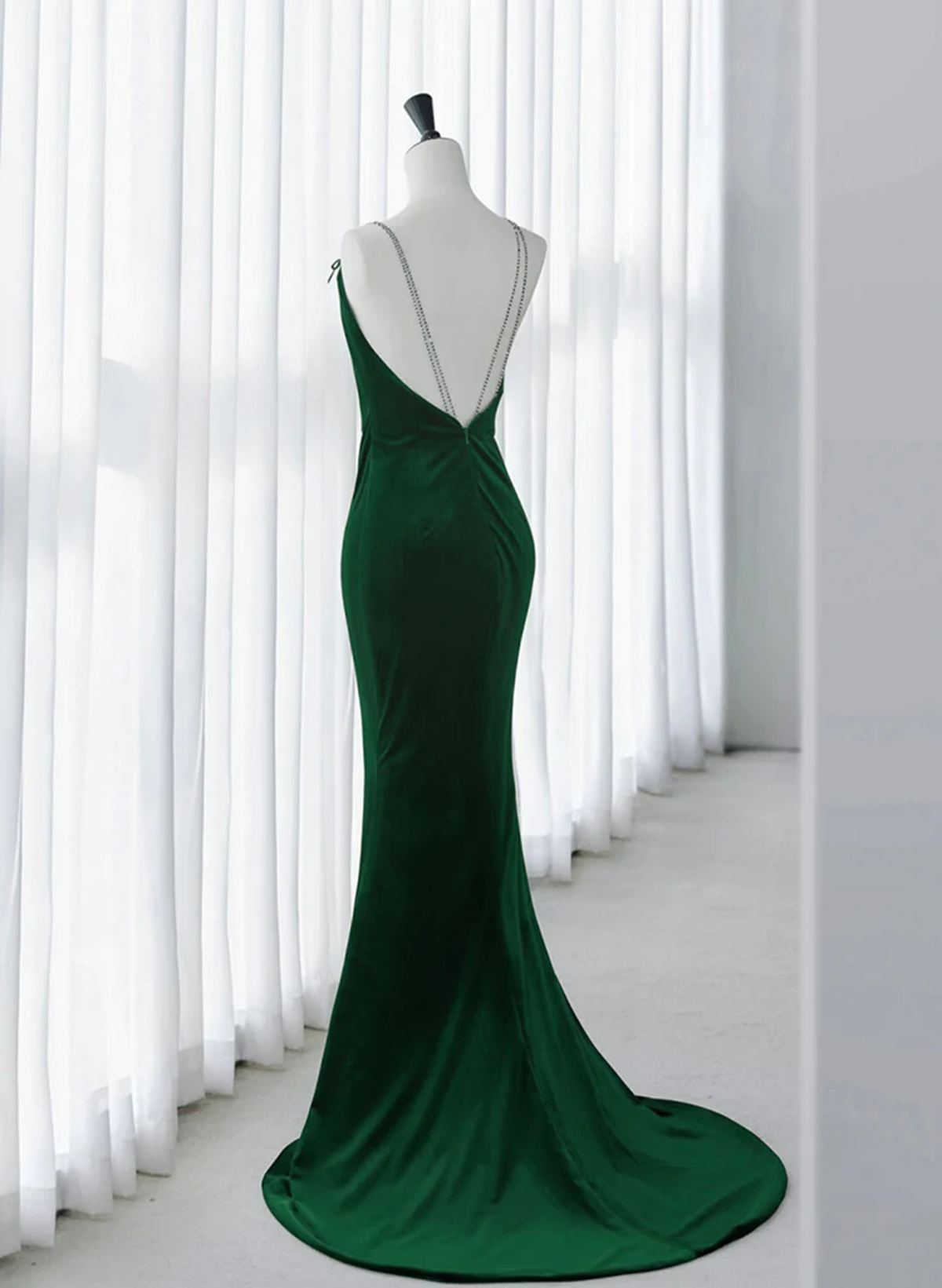 Tmallworld Green Velvet Mermaid Straps Long Formal Dress, Green Evening Dress Party Dress