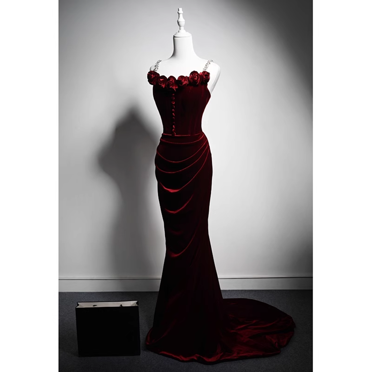 Tmallworld Wine Red Velvet Mermaid Long Straps Evening Dress, Wine Red Velvet Party Dress