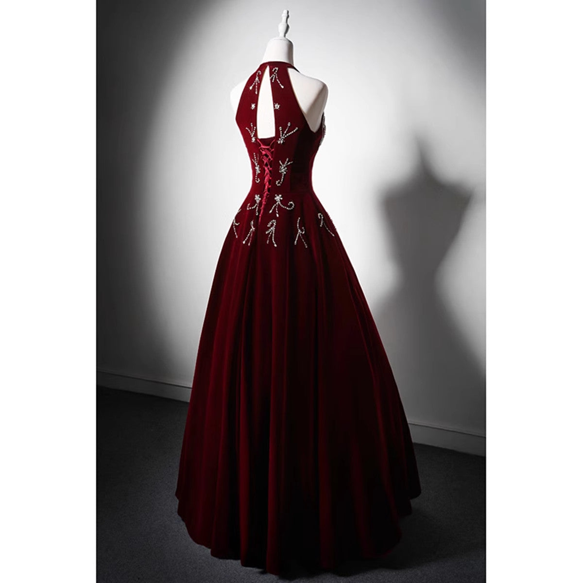 Tmallworld Wine Red Halter Velvet Long Beaded Prom Dress, A-line Velvet Formal Dress