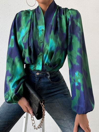 swvws Tie-Dye Button Up Balloon Sleeve Blouse