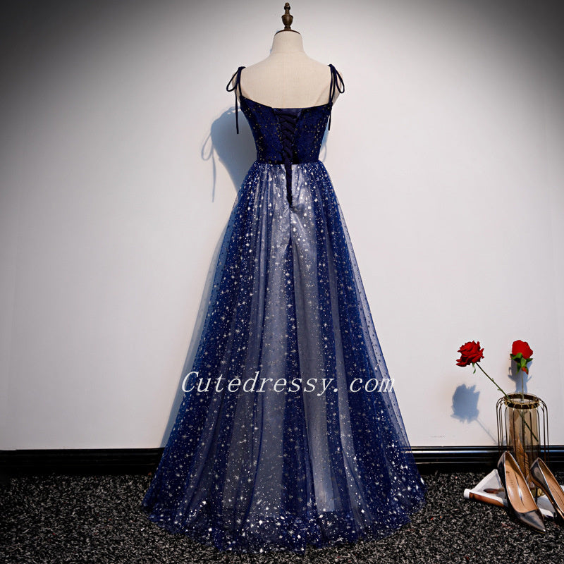 Tmallworld Shiny Blue Tulle with Velvet Top Long Evening Dress, Blue Formal Dresses Party Dresses