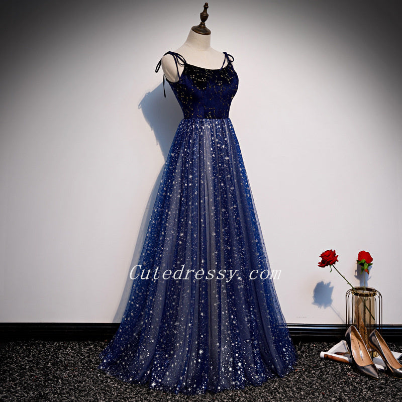 Tmallworld Shiny Blue Tulle with Velvet Top Long Evening Dress, Blue Formal Dresses Party Dresses