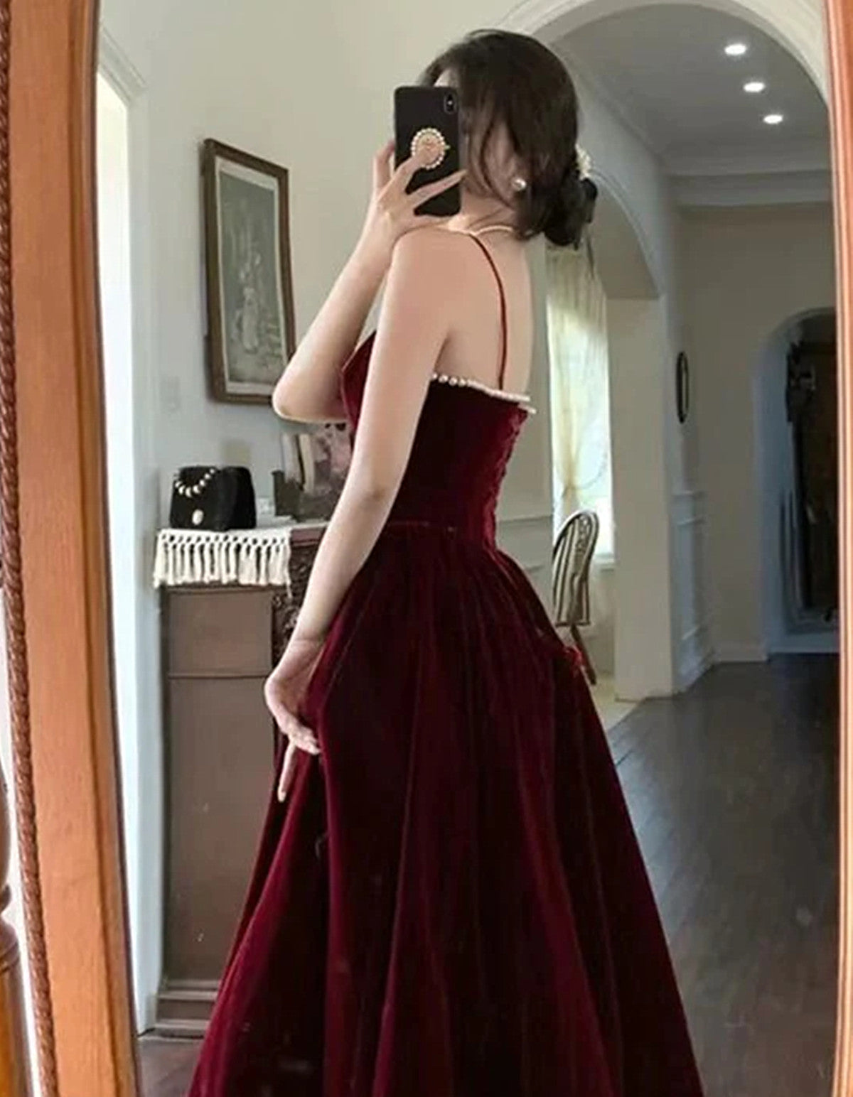 Tmallworld A-line Straps Wine Red Velvet Long Formal Dress, Wine Red Prom Dress