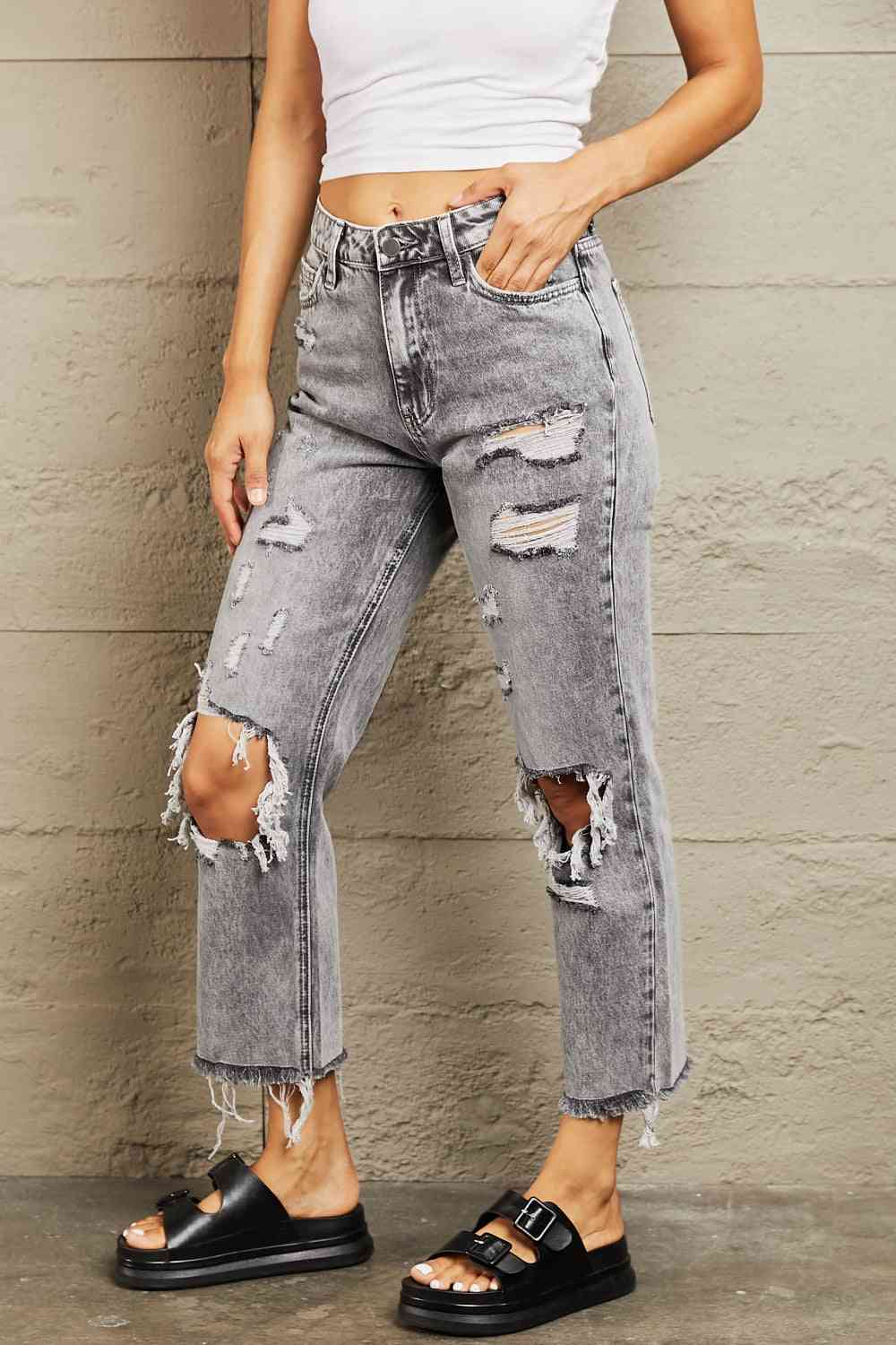 swvws BAYEAS Acid Wash Distressed Straight Jeans