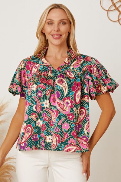 swvws Floral Collared Neck Short Sleeve Blouse