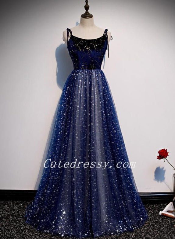 Tmallworld Shiny Blue Tulle with Velvet Top Long Evening Dress, Blue Formal Dresses Party Dresses