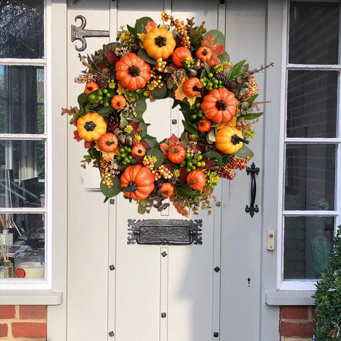 17.7in Fall Wreaths for Front Door with Berry Pumpkin Maple Leaves Autumn Wreath