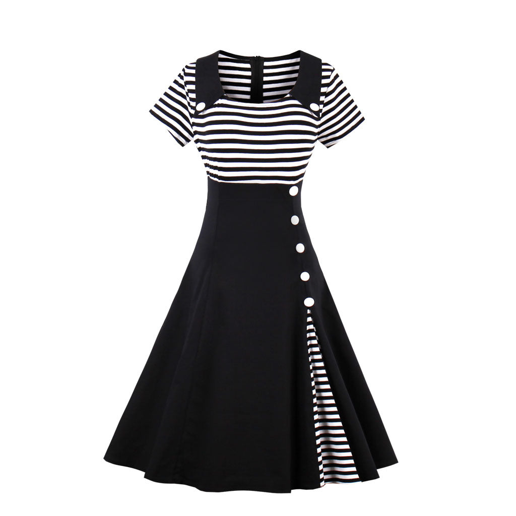 SWVWS Wish Hot Sale European and American plus Size Women's Clothes Striped Retro Dress 1528 Factory Direct Supply