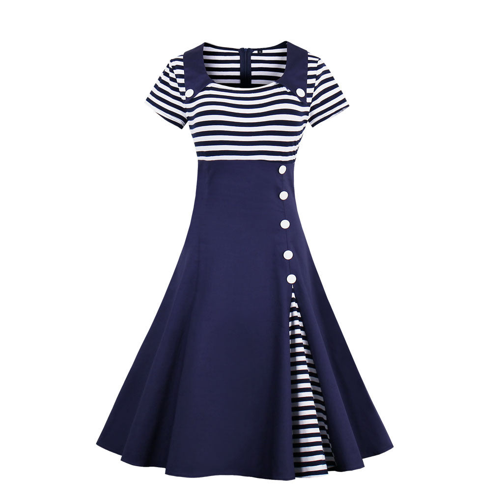 SWVWS Wish Hot Sale European and American plus Size Women's Clothes Striped Retro Dress 1528 Factory Direct Supply