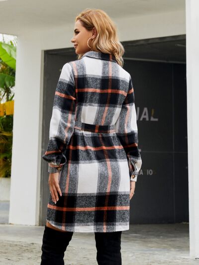 swvws Plaid Belted Collared Neck Button Up Jacket