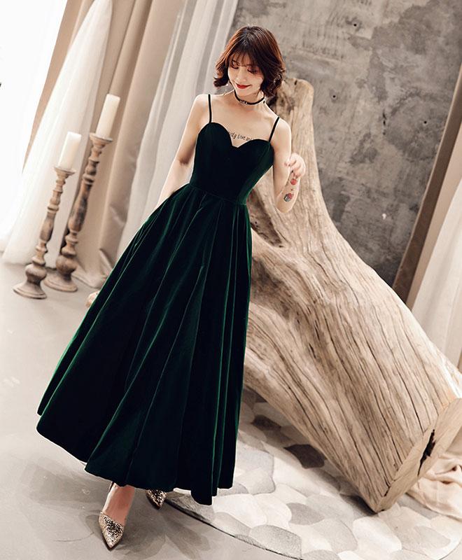 Tmallworld Dark Green V Back Long Velvet Elegant Party Dress, A-line Straps Bridesmaid Dress