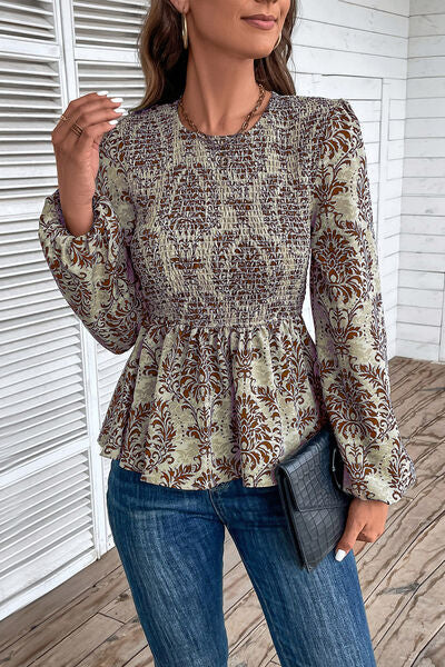 swvws Smocked Printed Balloon Sleeve Blouse