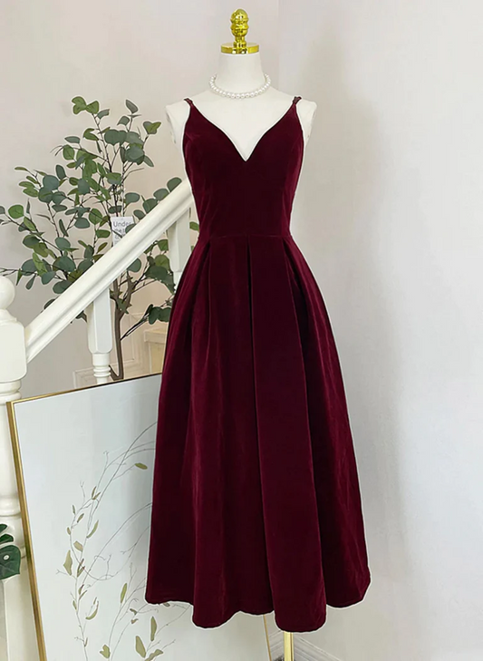 Tmallworld Wine Red Velvet Tea Length Homecoming Dress, Wine Red V-neckline Party Dress