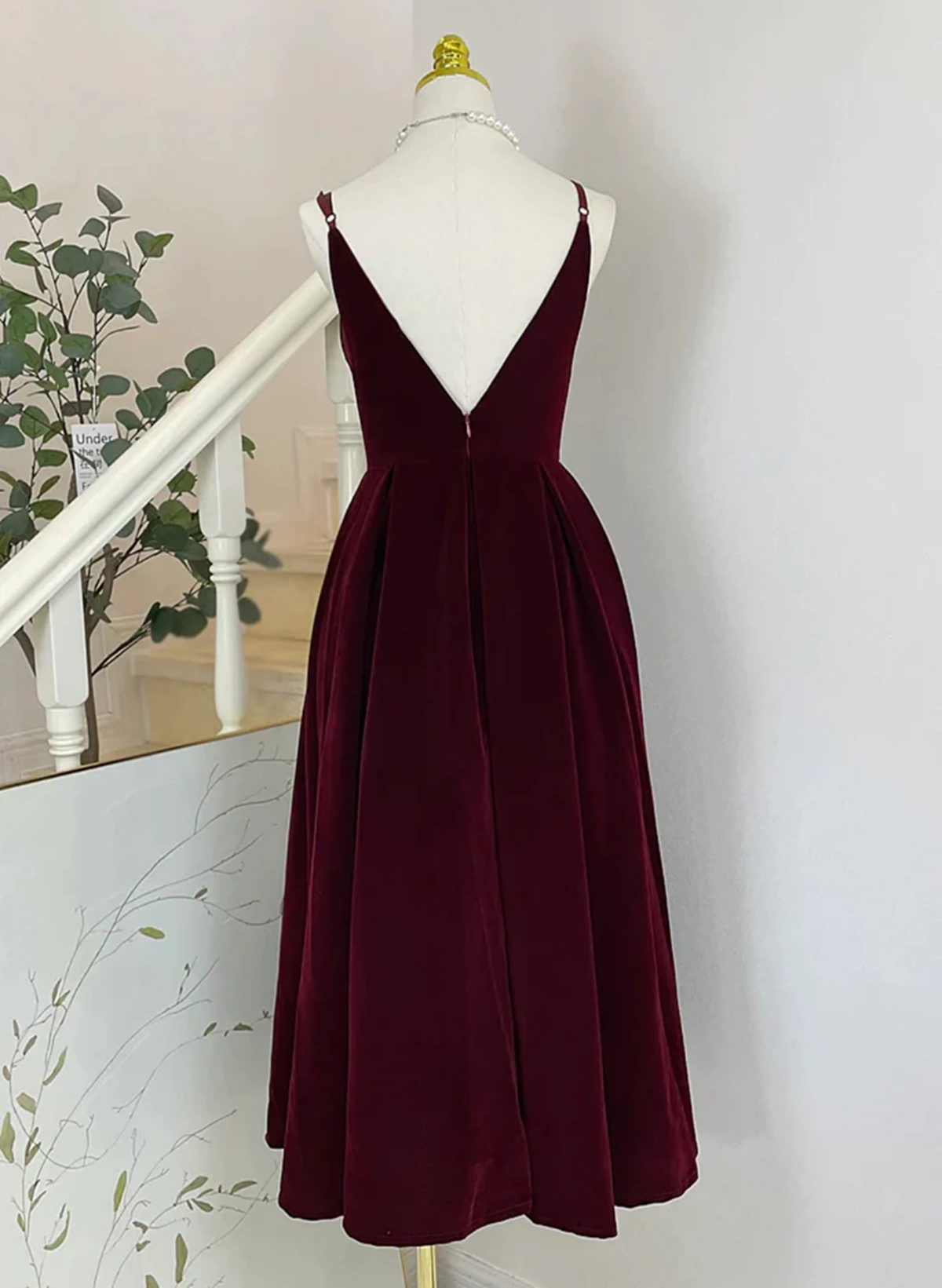 Tmallworld Wine Red Velvet Tea Length Homecoming Dress, Wine Red V-neckline Party Dress