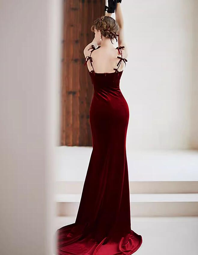 Tmallworld Wine Red Velvet V-neckline Mermaid Long Evening Dress, Wine Red Velvet Prom Dress