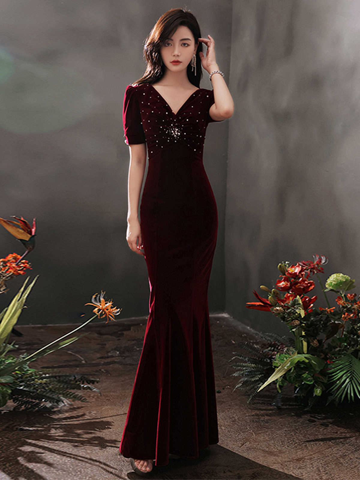 Tmallworld Wine Red Velvet Beaded Short Sleeves Long Party Dress, Wine Red Mermaid Prom Dress