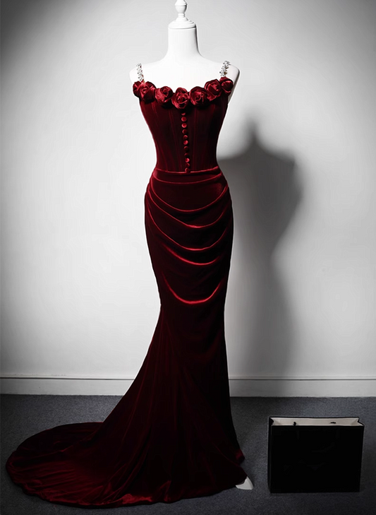 Tmallworld Wine Red Velvet Mermaid Long Straps Evening Dress, Wine Red Velvet Party Dress