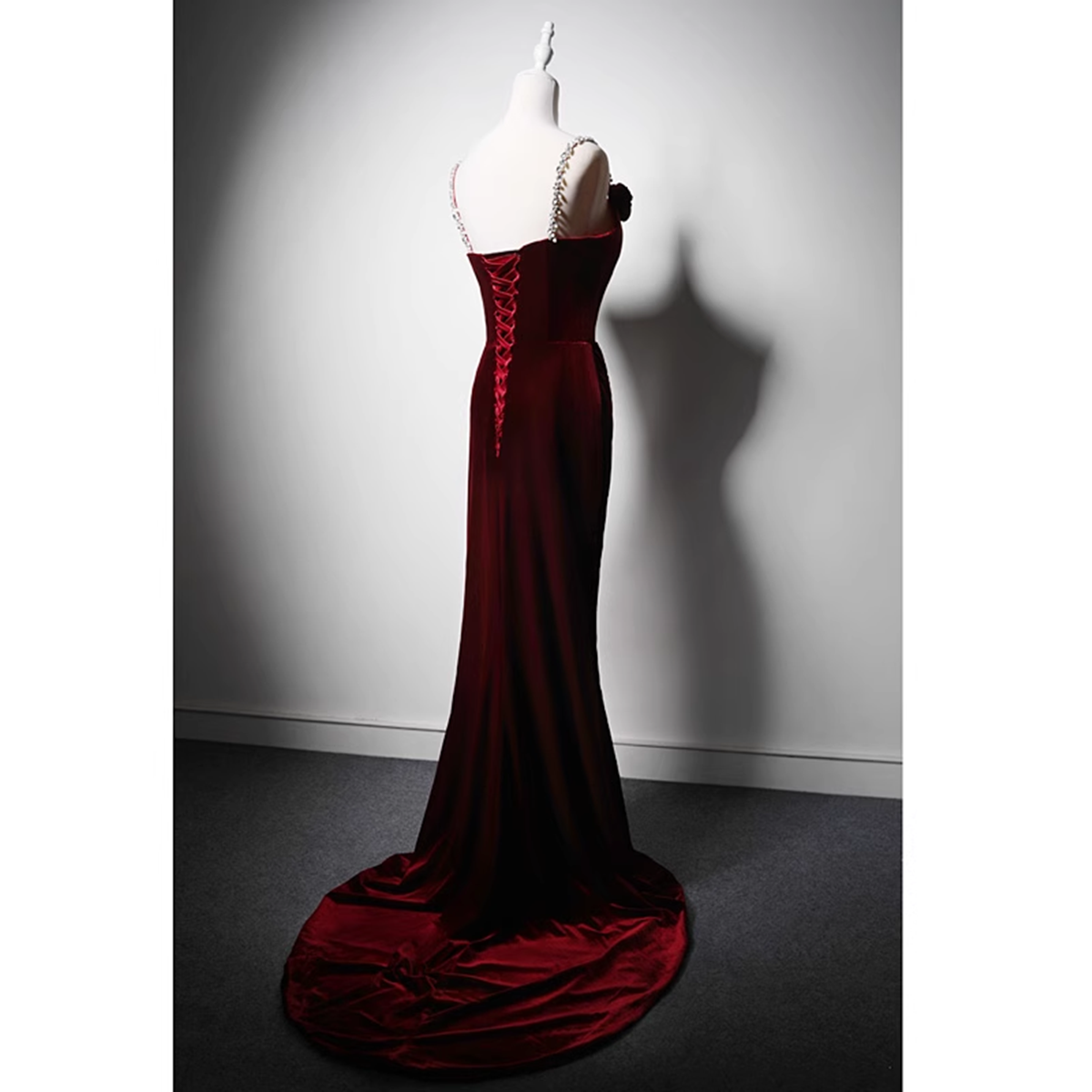 Tmallworld Wine Red Velvet Mermaid Long Straps Evening Dress, Wine Red Velvet Party Dress