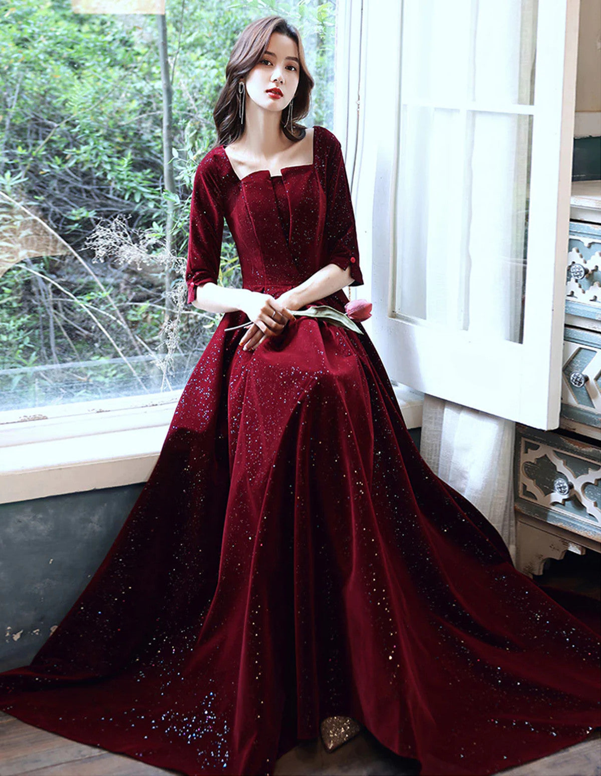 Tmallworld Wine Red Velvet Short Sleeves Long Wedding Party Dress, Wine Red Prom Dress