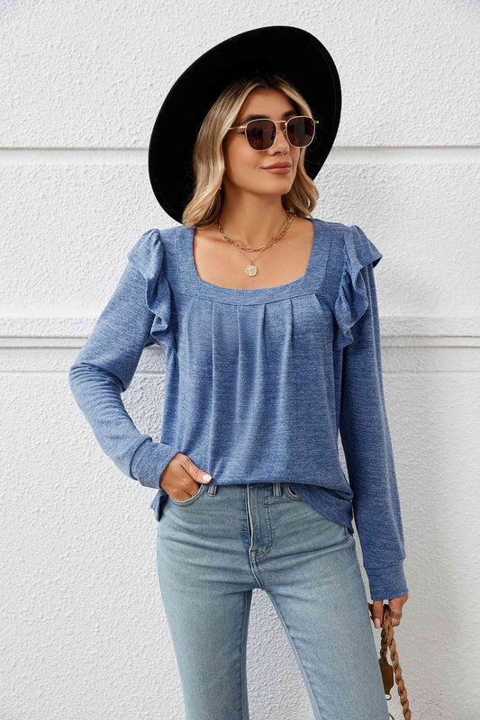 swvws Square Neck Ruffle Shoulder Long Sleeve T-Shirt