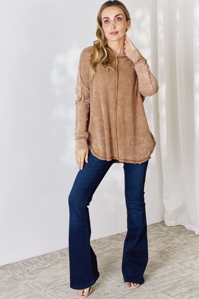 swvws Zenana Oversized Washed Waffle Long Sleeve Top