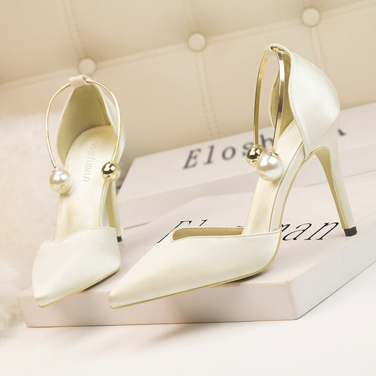 9219-73 Korean Style Stylish Women's Shoes High Heel Low-Cut Satin Hollow-out Pointed Toe Nightclub Metal Strap Sandals