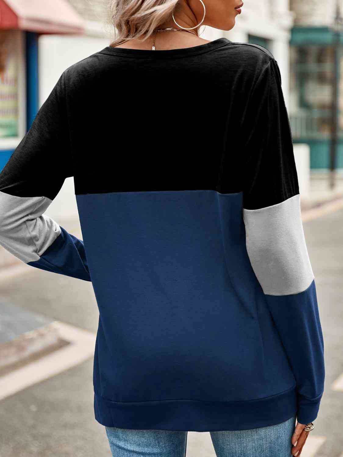 swvws Color Block Cutout Round Neck Long Sleeve T-Shirt