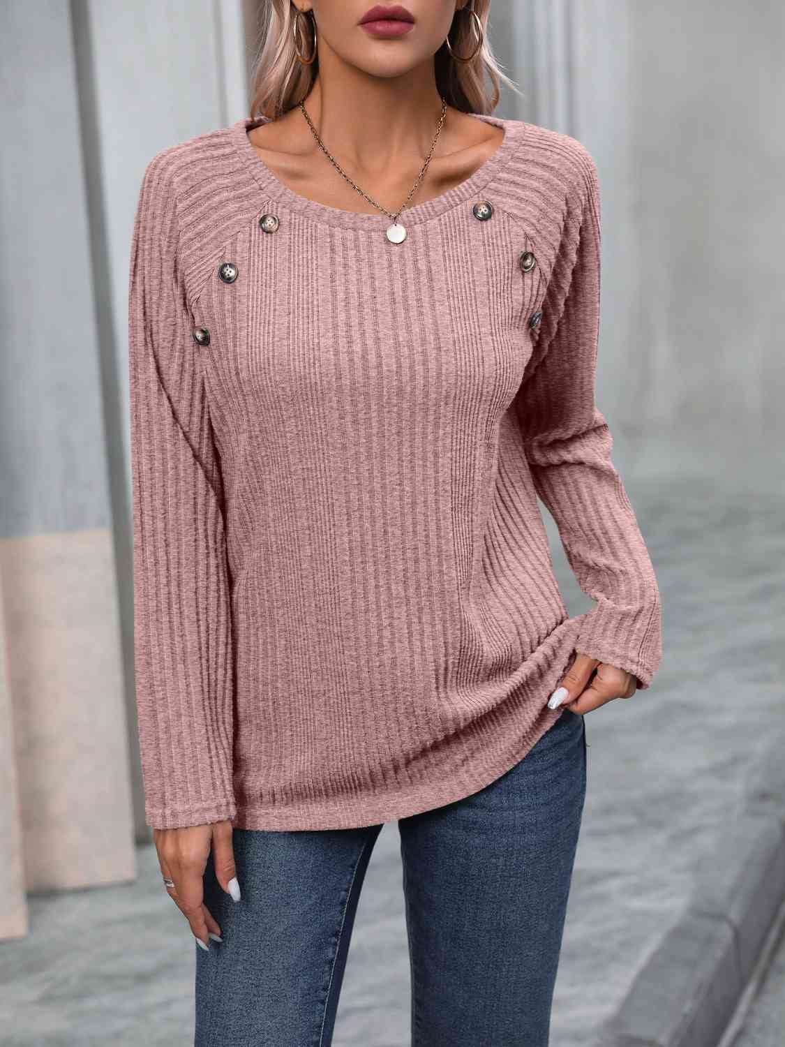 swvws Ribbed Buttoned Round Neck Long Sleeve T-Shirt