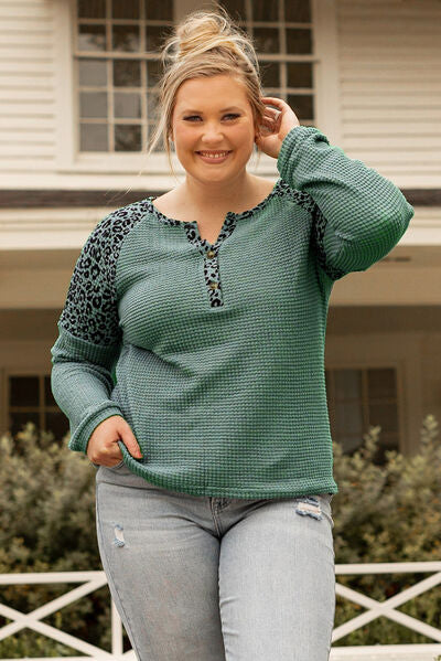 swvws Plus Size Leopard Waffle-Knit Long Sleeve T-Shirt