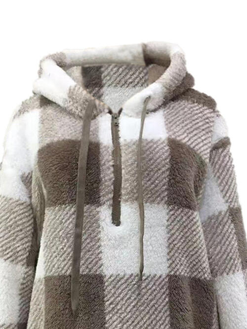 swvws Plaid Half Zip Drawstring Hoodie