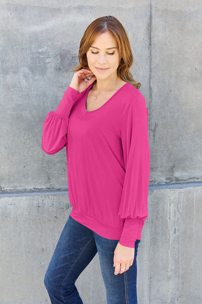 swvws Basic Bae Full Size V-Neck Lantern Sleeve Blouse