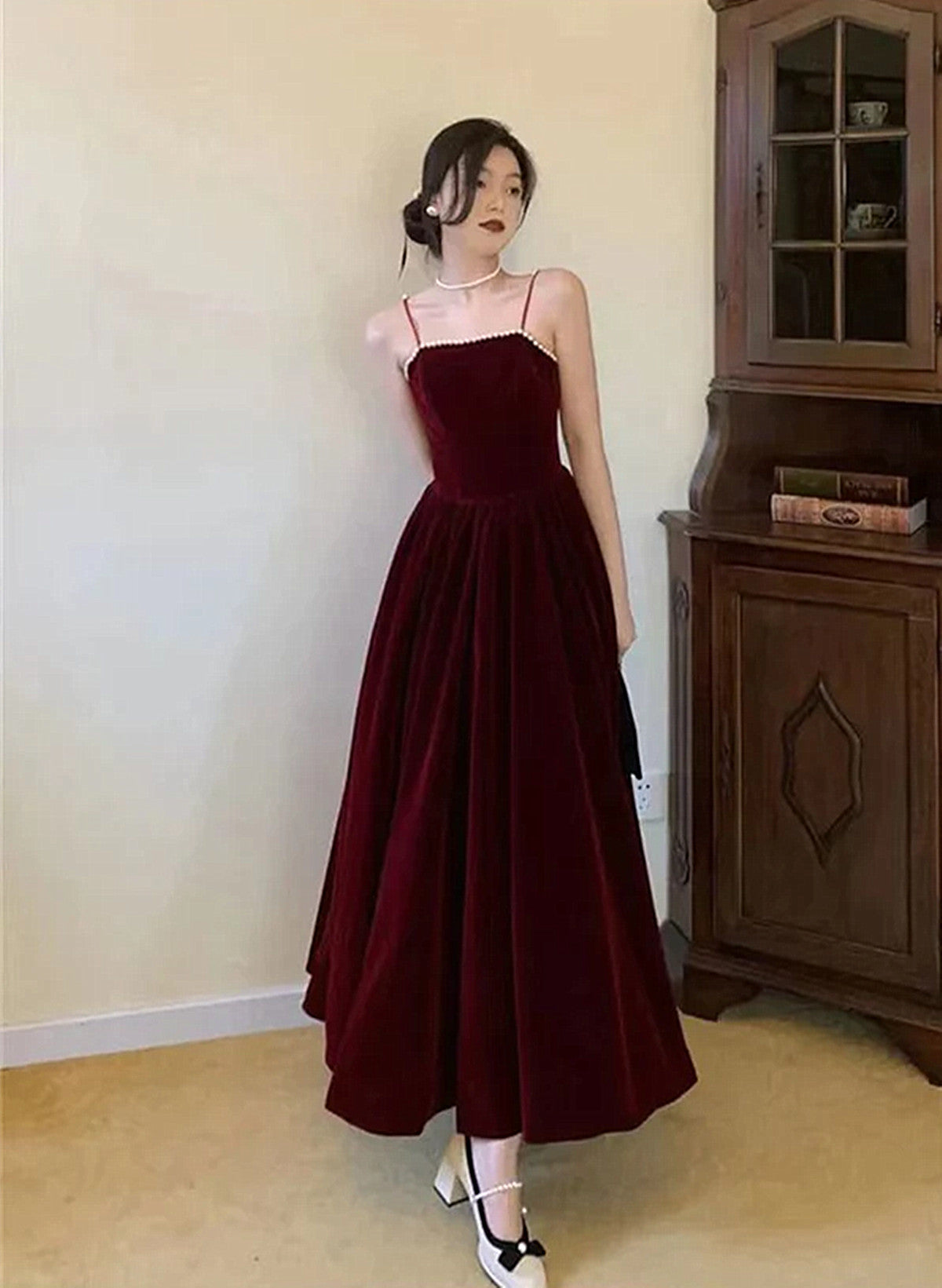 Tmallworld A-line Straps Wine Red Velvet Long Formal Dress, Wine Red Prom Dress