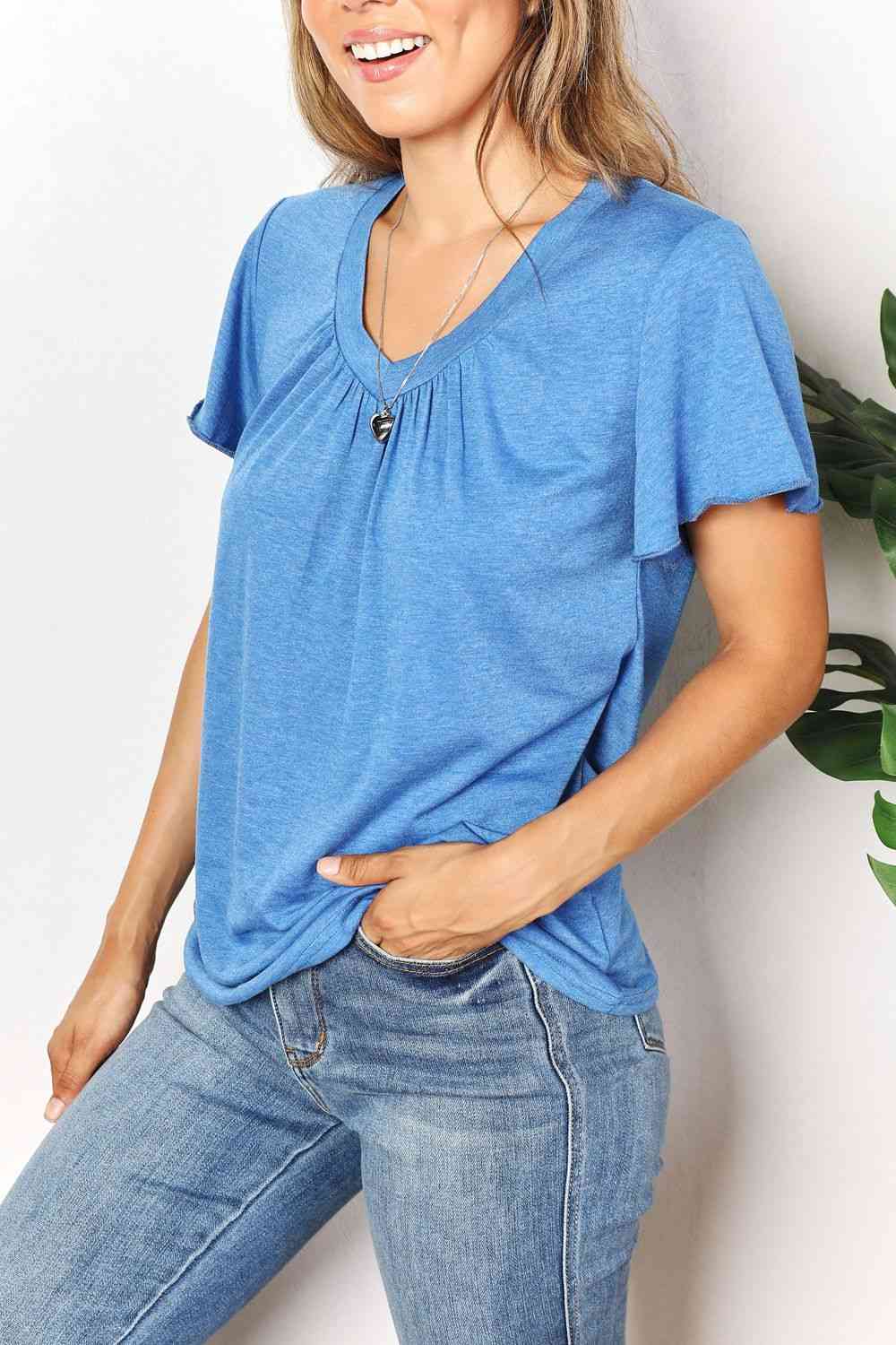 swvws Double Take Ruched V-Neck Short Sleeve T-Shirt