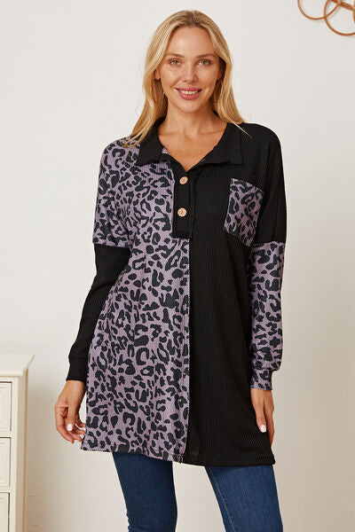 swvws Leopard Waffle-Knit Buttoned Long Sleeve Blouse