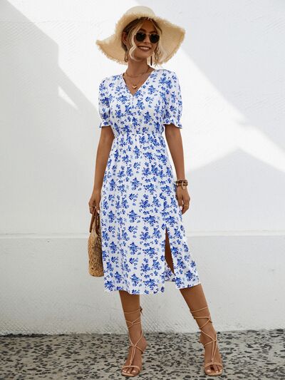 swvws Slit Printed V-Neck Short Sleeve Dress