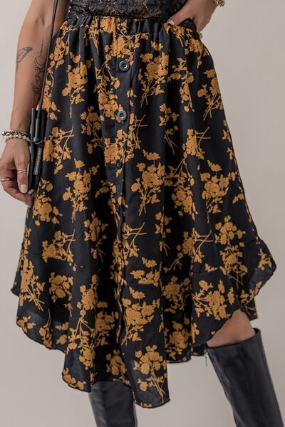 swvws Floral Buttoned Ruffle Hem Skirt