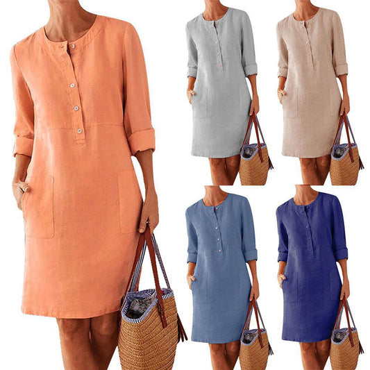 SWVWS Cross-Border Spring New   Popular plus Size Women's Cotton and Linen round-Neck Long-Sleeved Dress