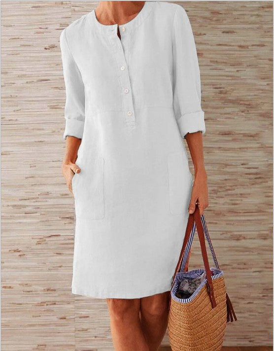 SWVWS Cross-Border Spring New   Popular plus Size Women's Cotton and Linen round-Neck Long-Sleeved Dress