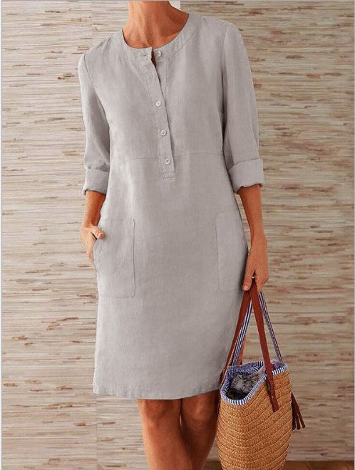 SWVWS Cross-Border Spring New   Popular plus Size Women's Cotton and Linen round-Neck Long-Sleeved Dress