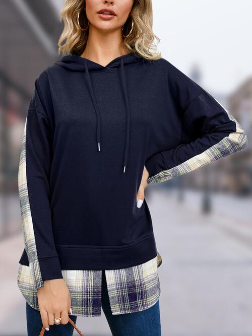 swvws Plaid Drawstring Long Sleeve Slit Hoodie