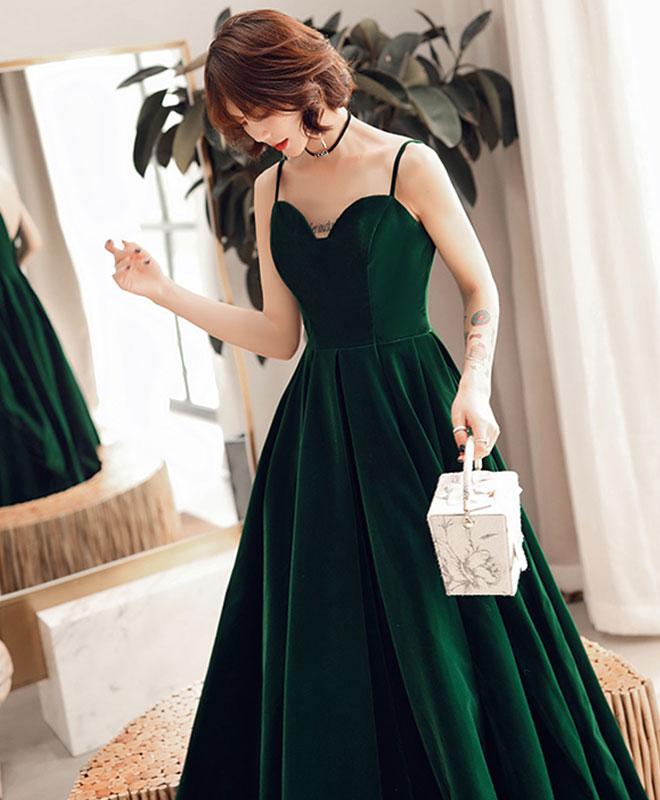 Tmallworld Dark Green V Back Long Velvet Elegant Party Dress, A-line Straps Bridesmaid Dress