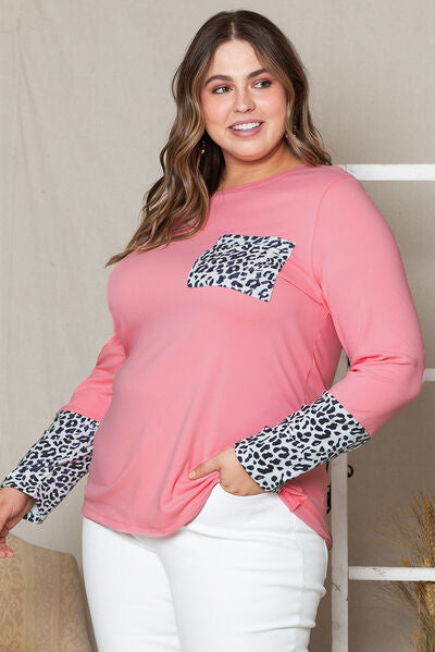 swvws Plus Size Leopard Round Neck Long Sleeve T-Shirt