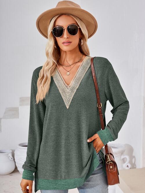 swvws Crochet Contrast V-Neck Long Sleeve Slit T-Shirt