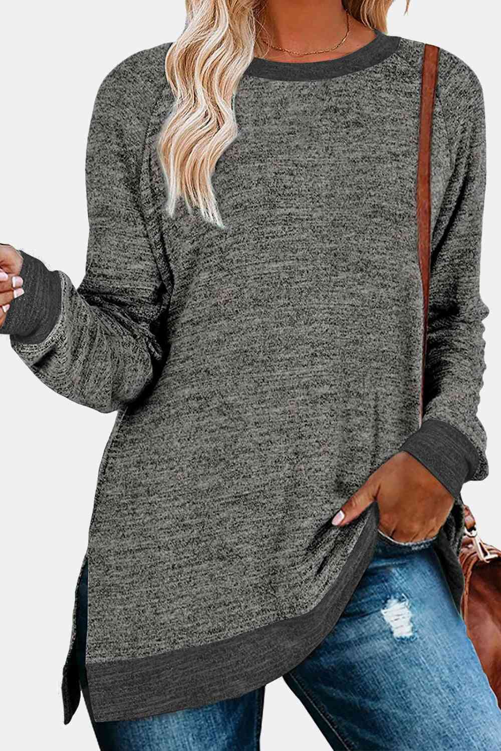 swvws Round Neck Long Sleeve Slit T-Shirt